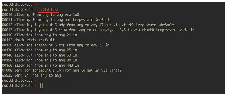 Вывод ipfw list с пользовательскими правилами