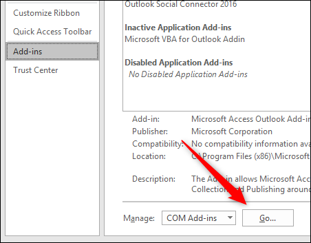 Кнопка Перейти для управления надстройками