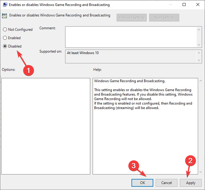 Параметр установлен в «Отключено»