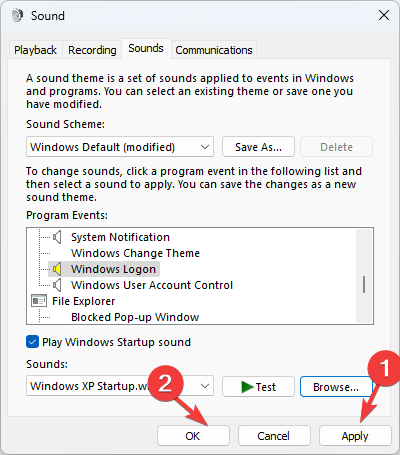 Кнопки Применить и ОК в окне звуков