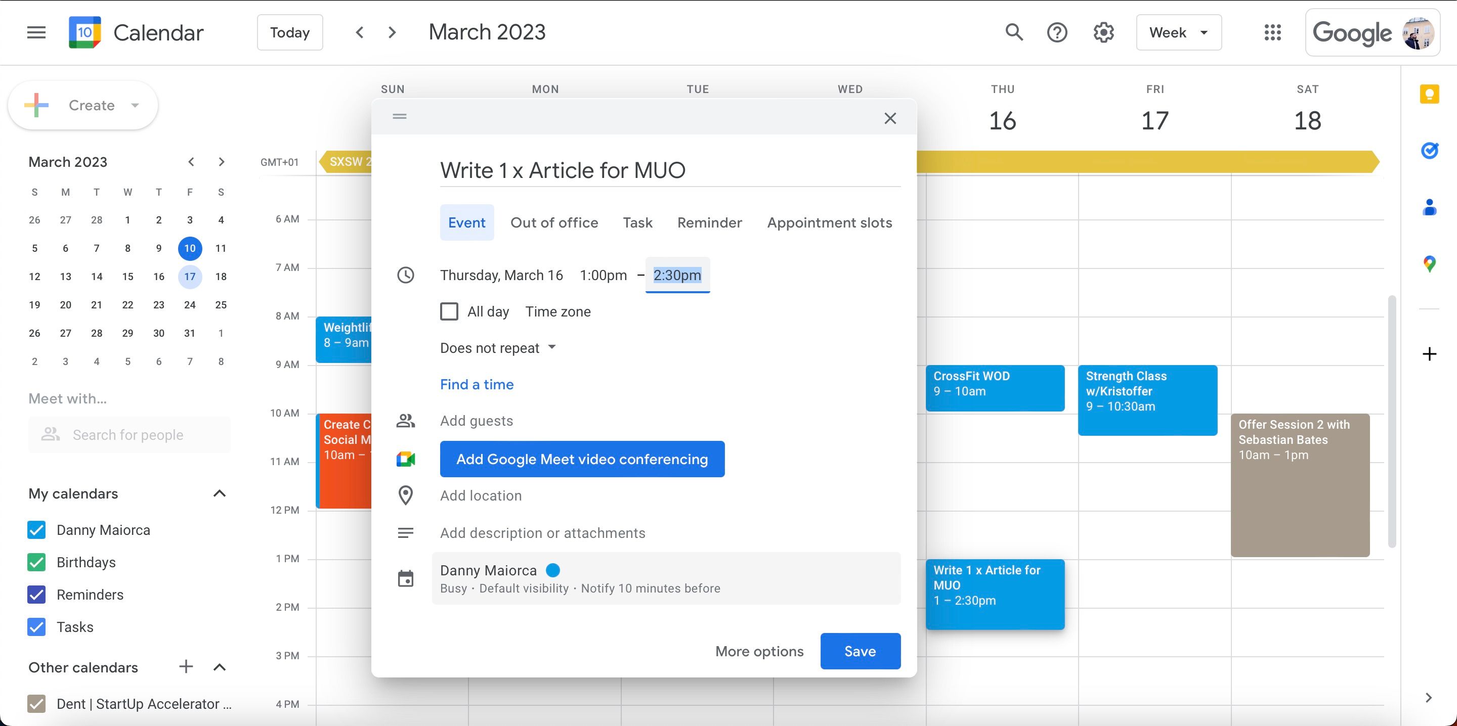Параметры цветовой маркировки события в Google Календаре