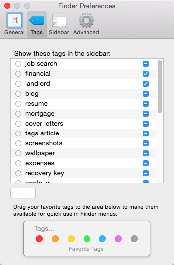 Вкладка настроек Tags в настройках Finder
