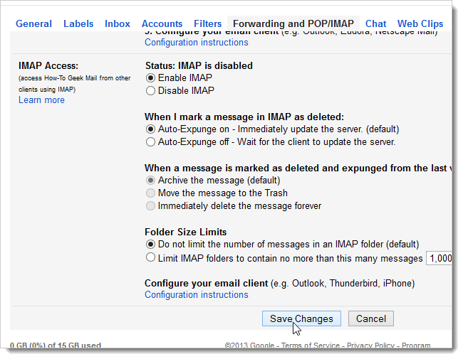 Кнопка Сохранить изменения в Gmail