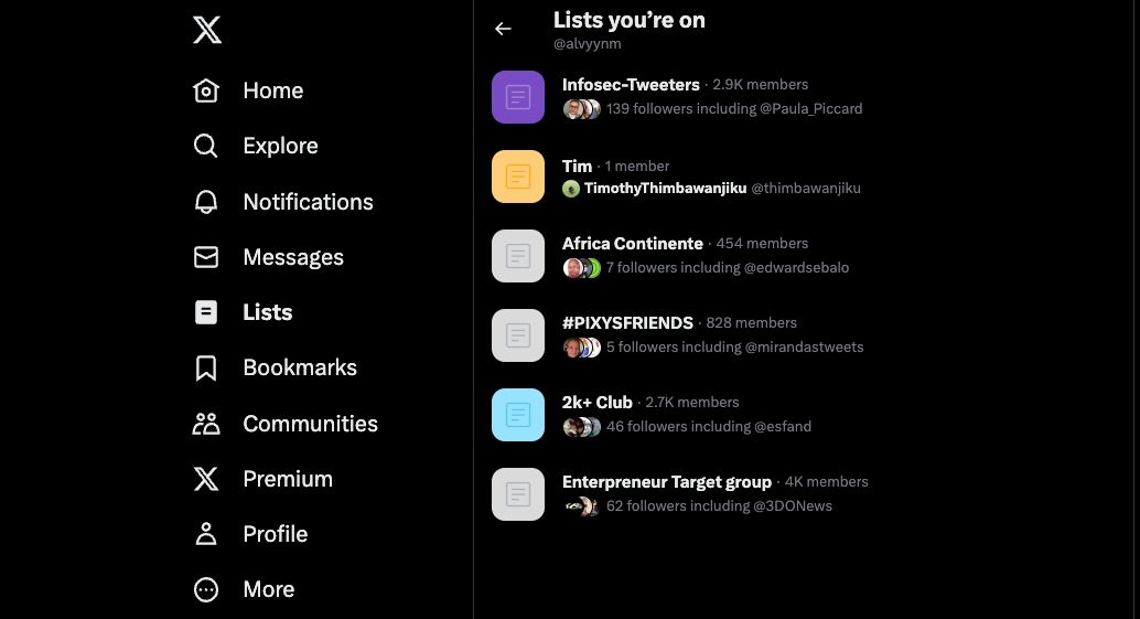 Перечень списков аккаунта на X