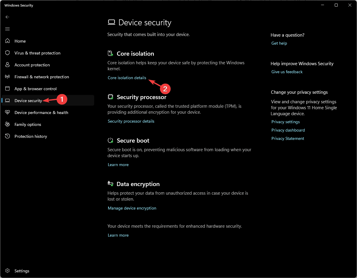 Параметры изоляции ядра в безопасности Windows