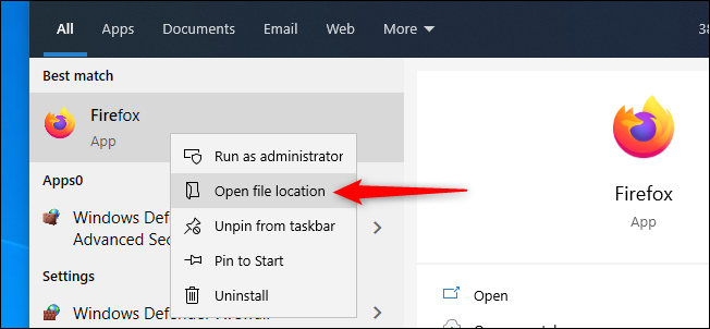 Откройте расположение файла Firefox через Пуск, чтобы создать ярлык. 