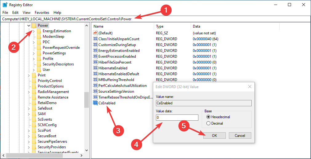 Параметр CsEnabled в реестре для отключения сочетаний сна