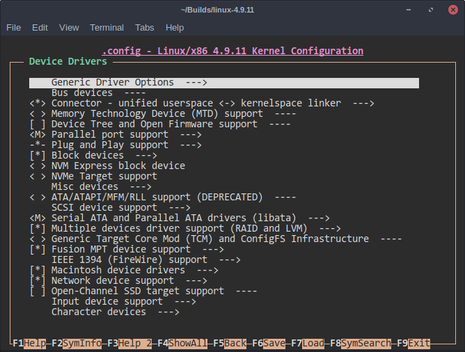 Меню конфигурации ядра nconfig