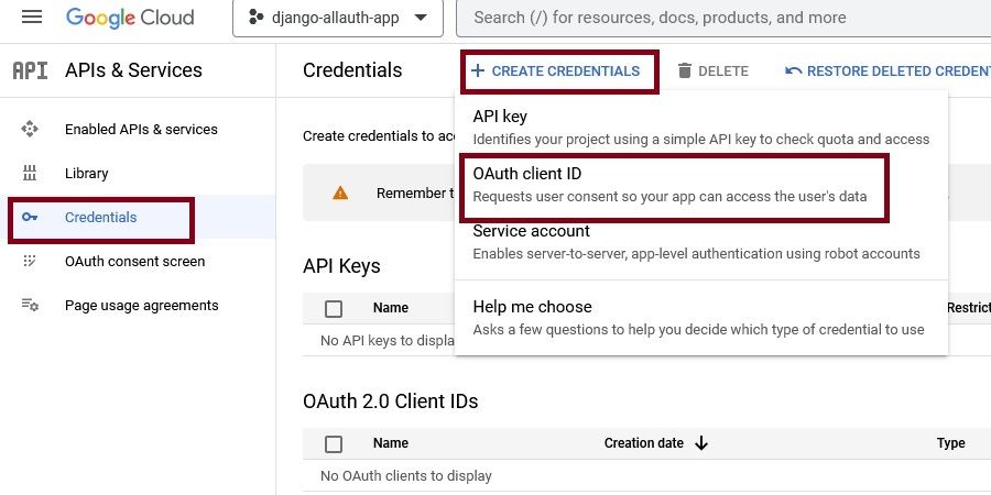 Создание новых OAuth учётных данных