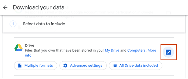 Выбор Google Drive в настройках архивации Google Takeout