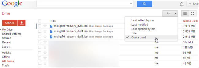 Сортировка файлов Google Диска по использованию квоты