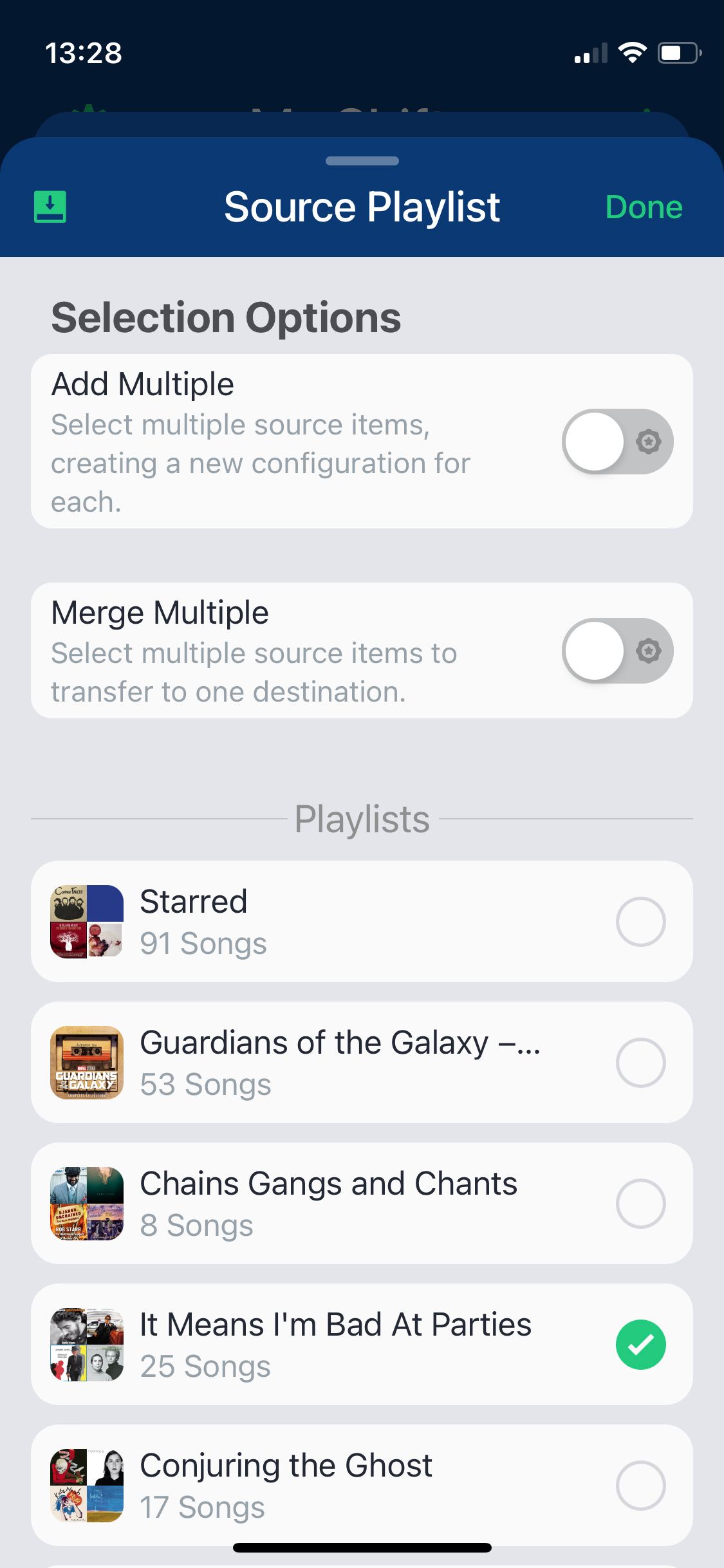 Экран Source Playlist в SongShift