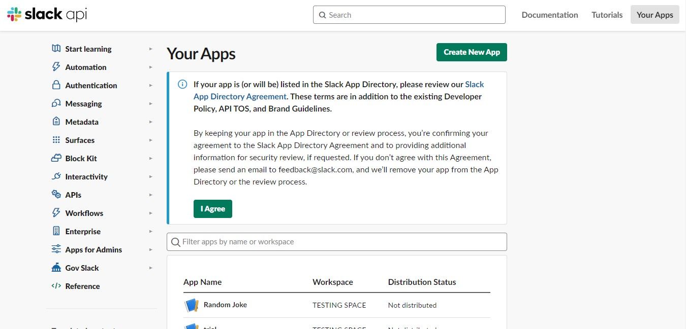 Страница приложений Slack