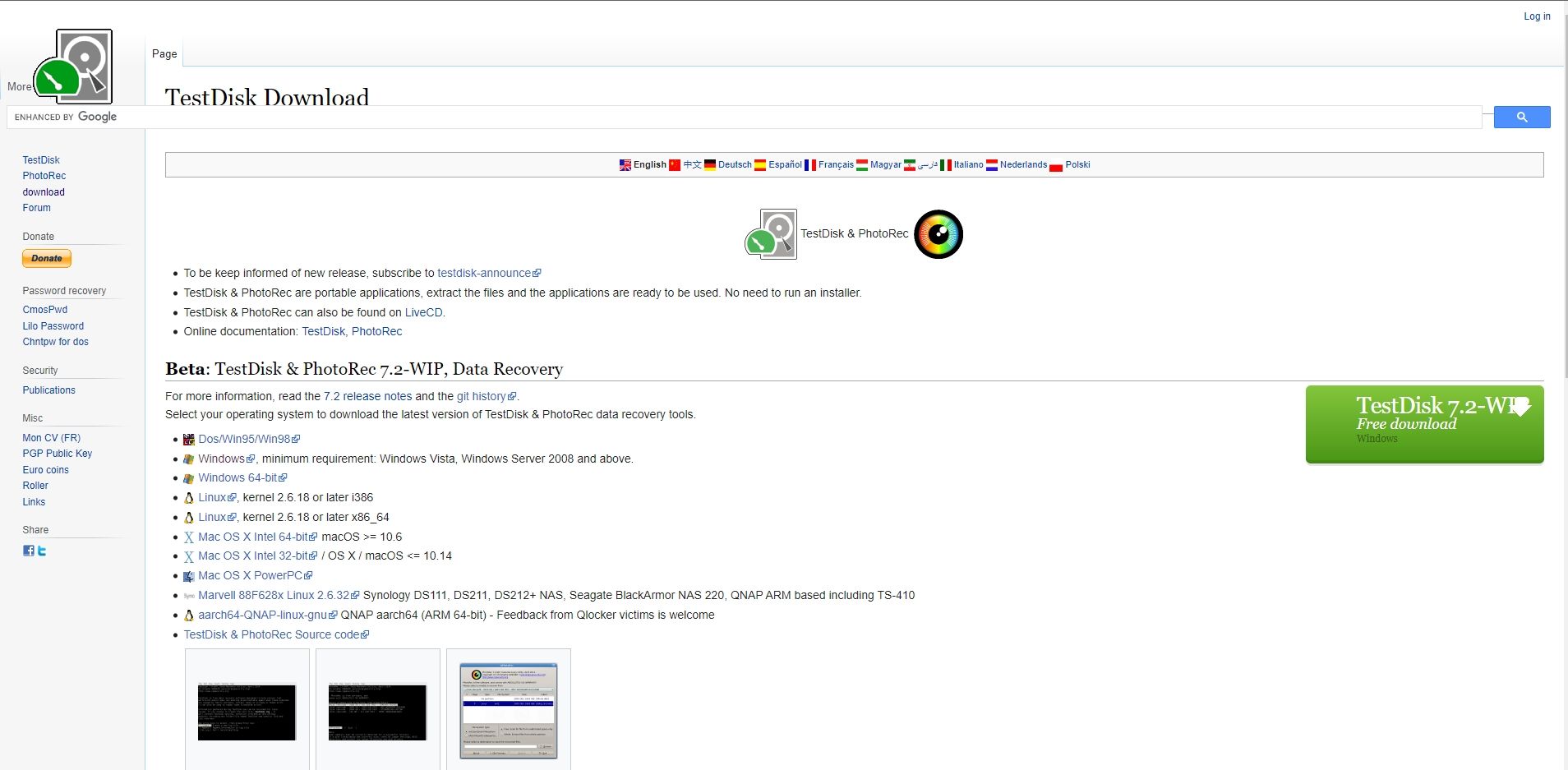 страница загрузки TestDisk