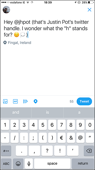 Экран создания твита с прикреплённой меткой местоположения