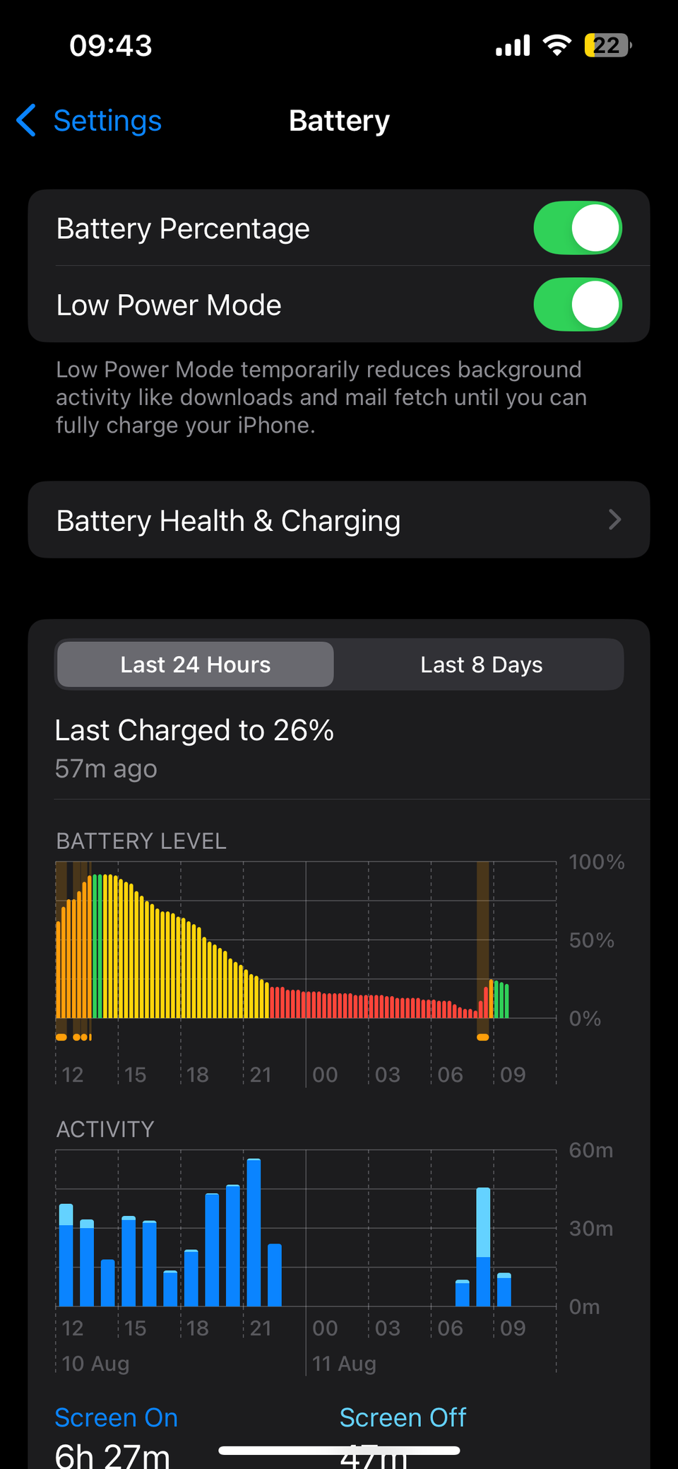 Страница Аккумулятор с включённым Режимом низкого энергопотребления