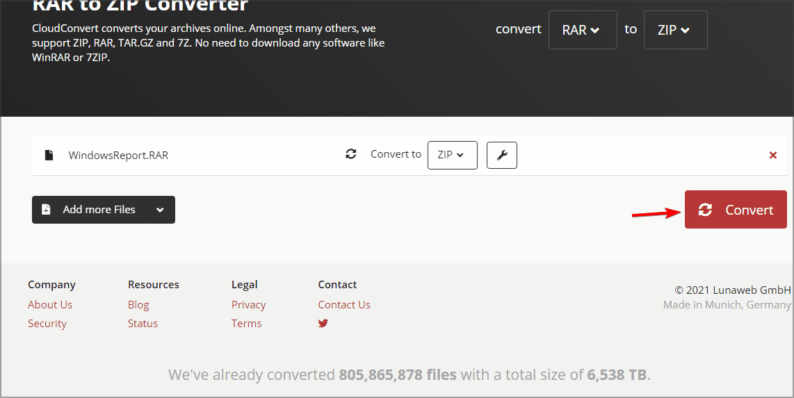 Кнопка «Конвертировать» на Cloudconvert