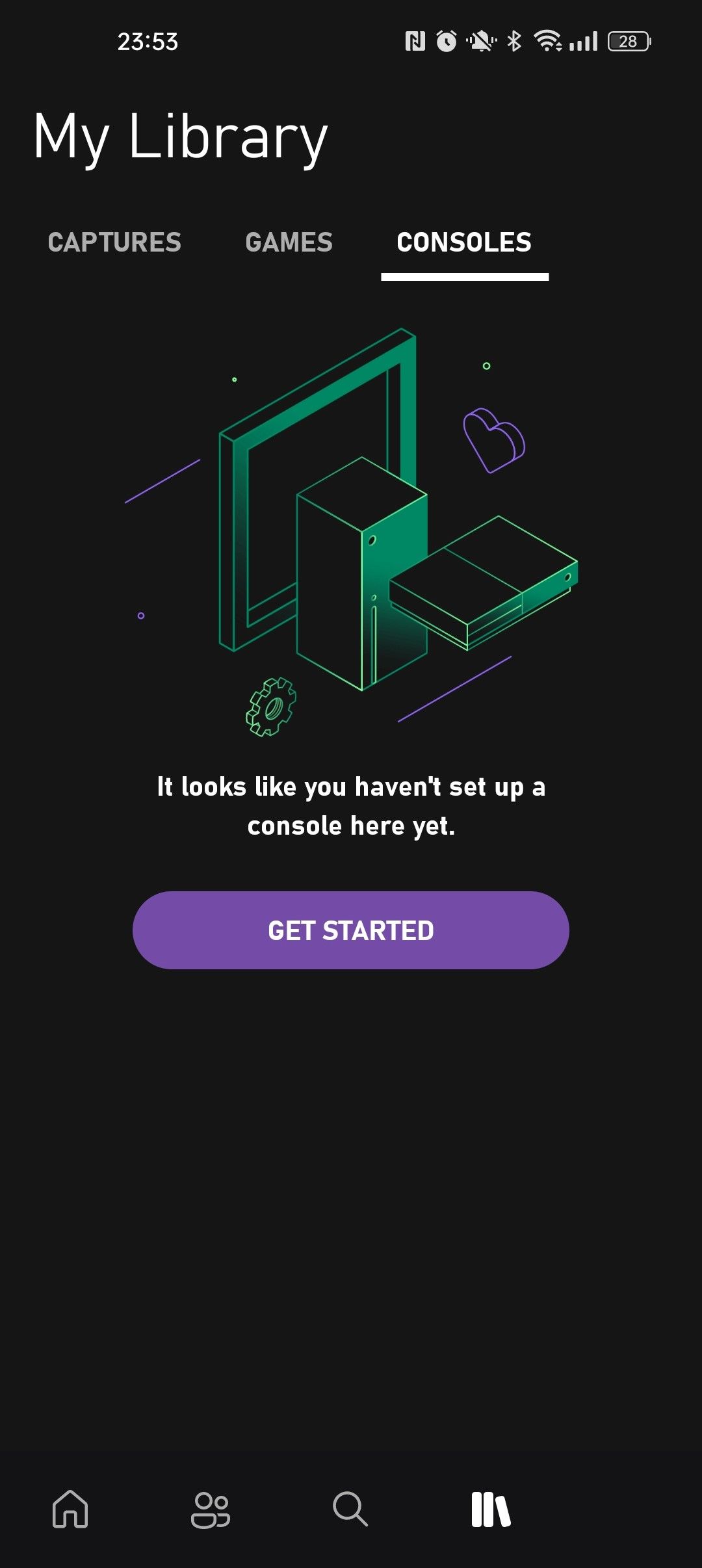 Скриншот раздела «Моя библиотека» с выделенным пунктом «Консоли» в приложении Xbox