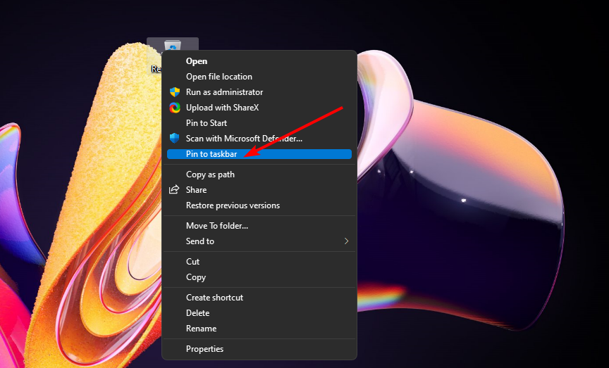 Пункт меню для закрепления ярлыка на панели задач