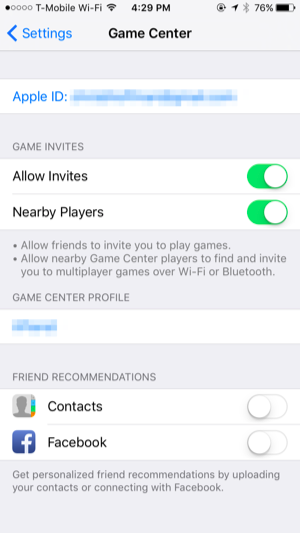 Параметры Game Center с опциями «Разрешать приглашения» и «Игроки рядом»
