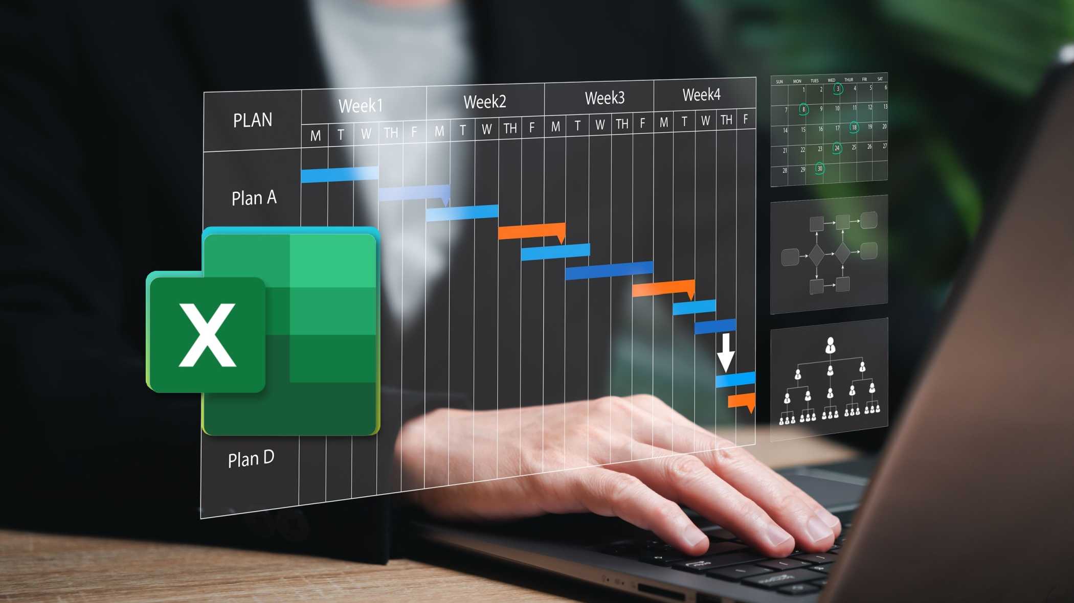 Ноутбук с проекцией диаграммы Ганта и логотипом Excel