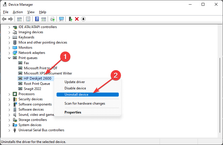 Удаление драйвера принтера в диспетчере устройств