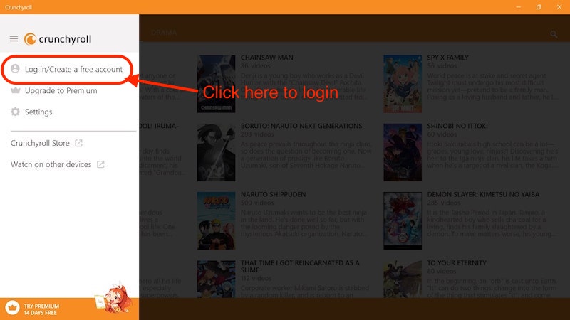 Экран входа в приложении Crunchyroll для Windows