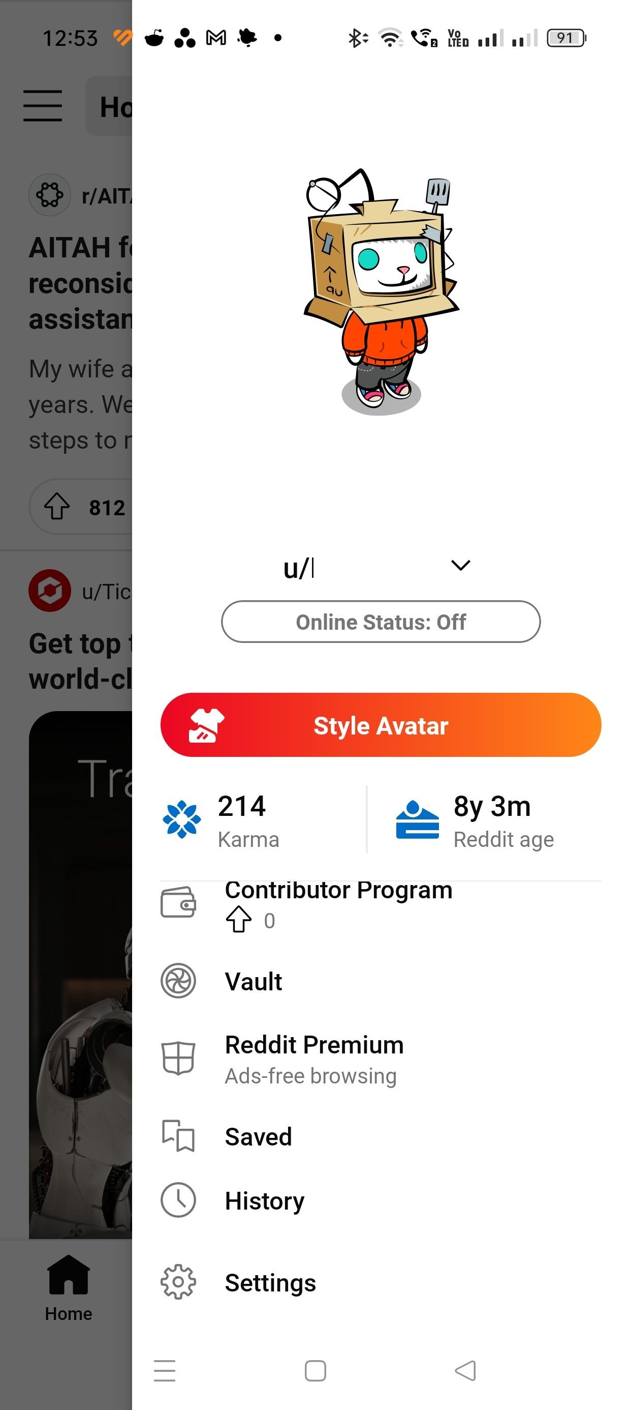 Меню настроек Reddit в приложении
