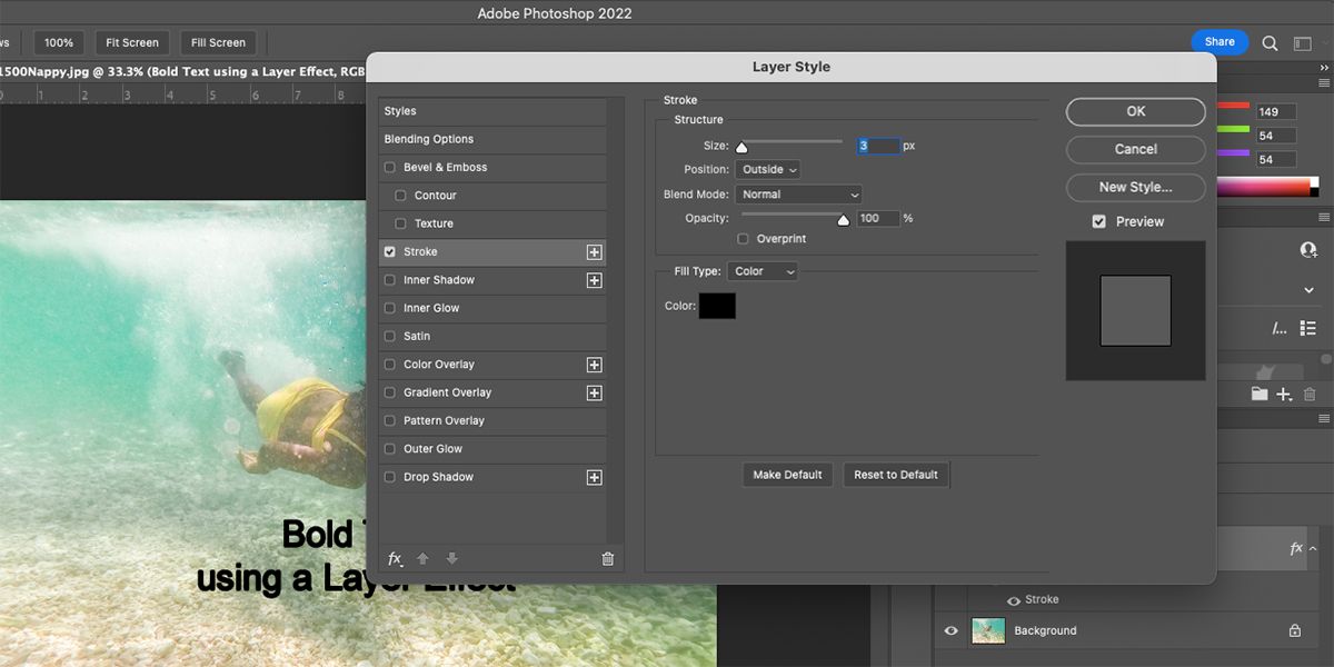 Параметры Stroke в Layer Style.