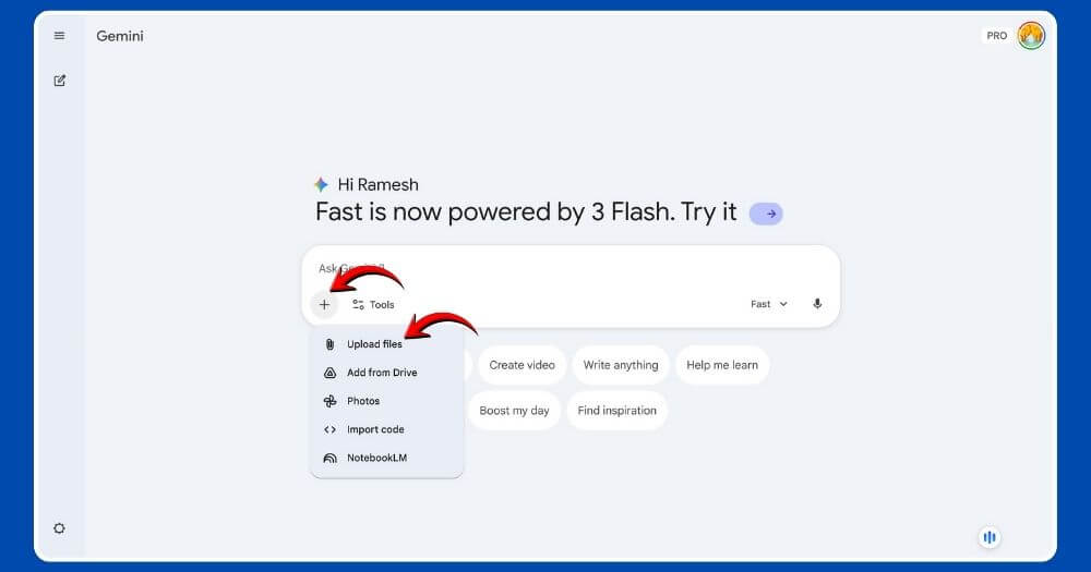 Скриншот: функция загрузки видео в Google Gemini