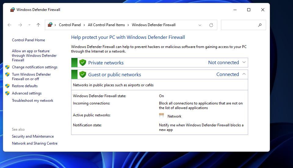Параметр брандмауэра Windows Defender