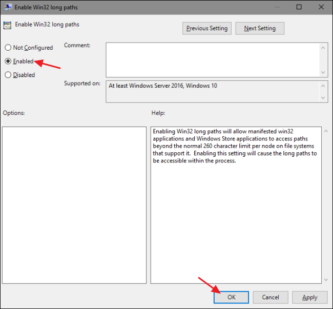 Выберите Enabled, затем OK.