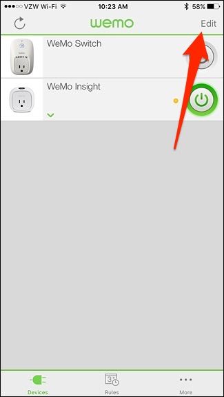 Кнопка Edit в приложении WeMo