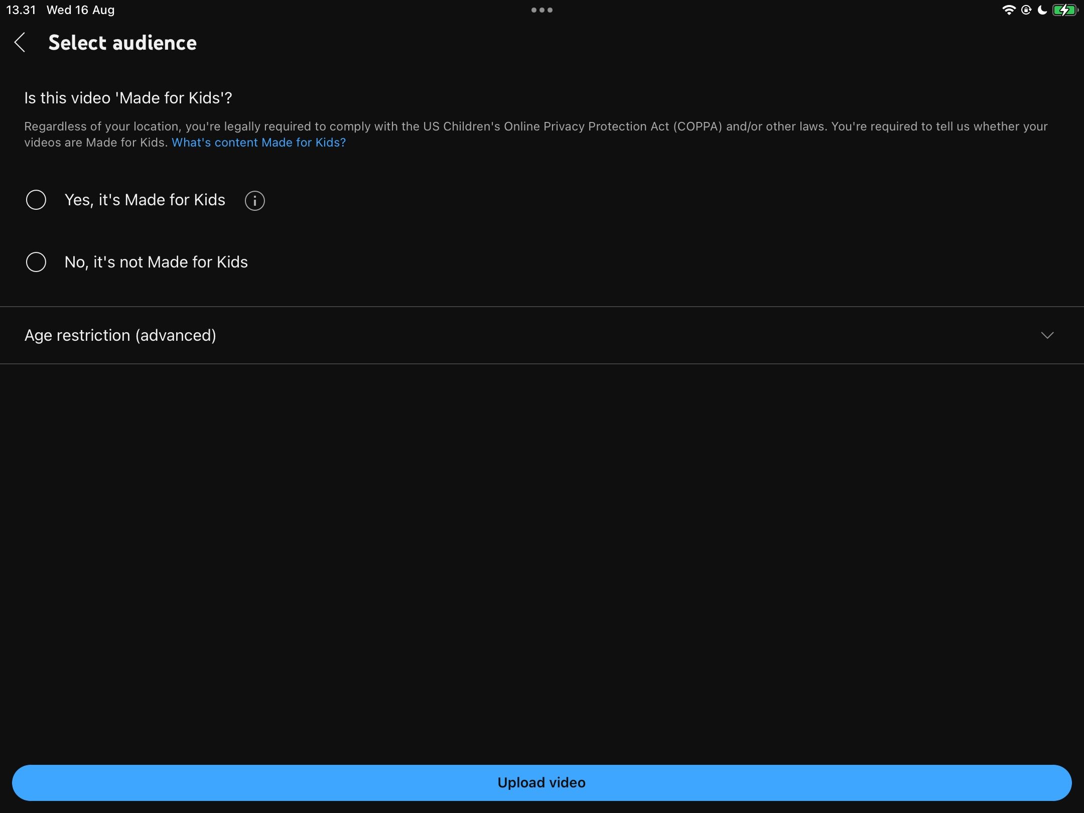 Параметры выбора аудитории: для детей или нет, возрастные ограничения