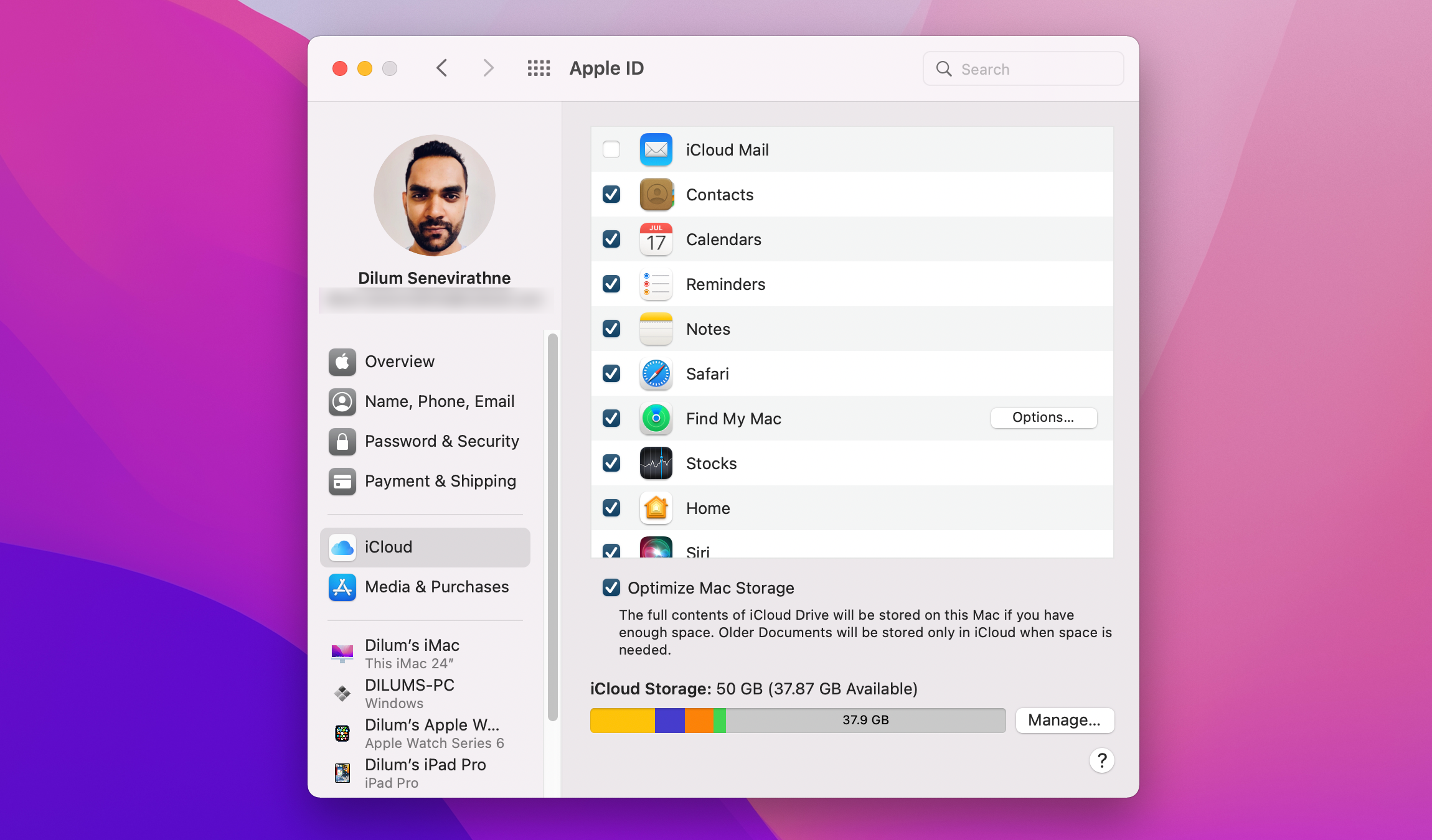 Экран настроек Apple ID на Mac с опцией Найти Mac