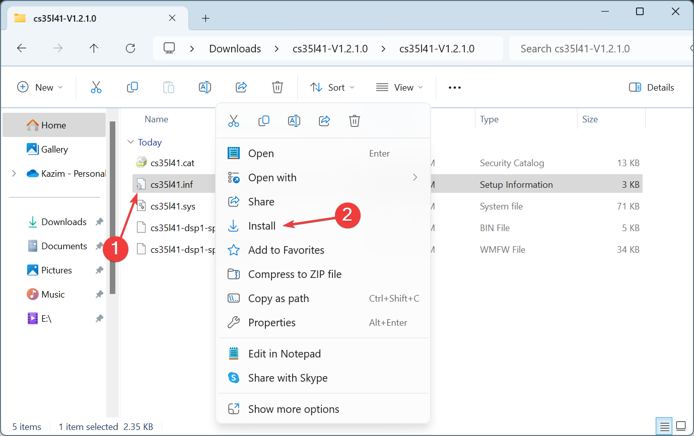 Контекстное меню файла .inf с опцией Установить