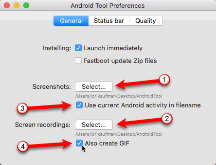 Окно настроек AndroidTool — выбор папки и опций создания GIF
