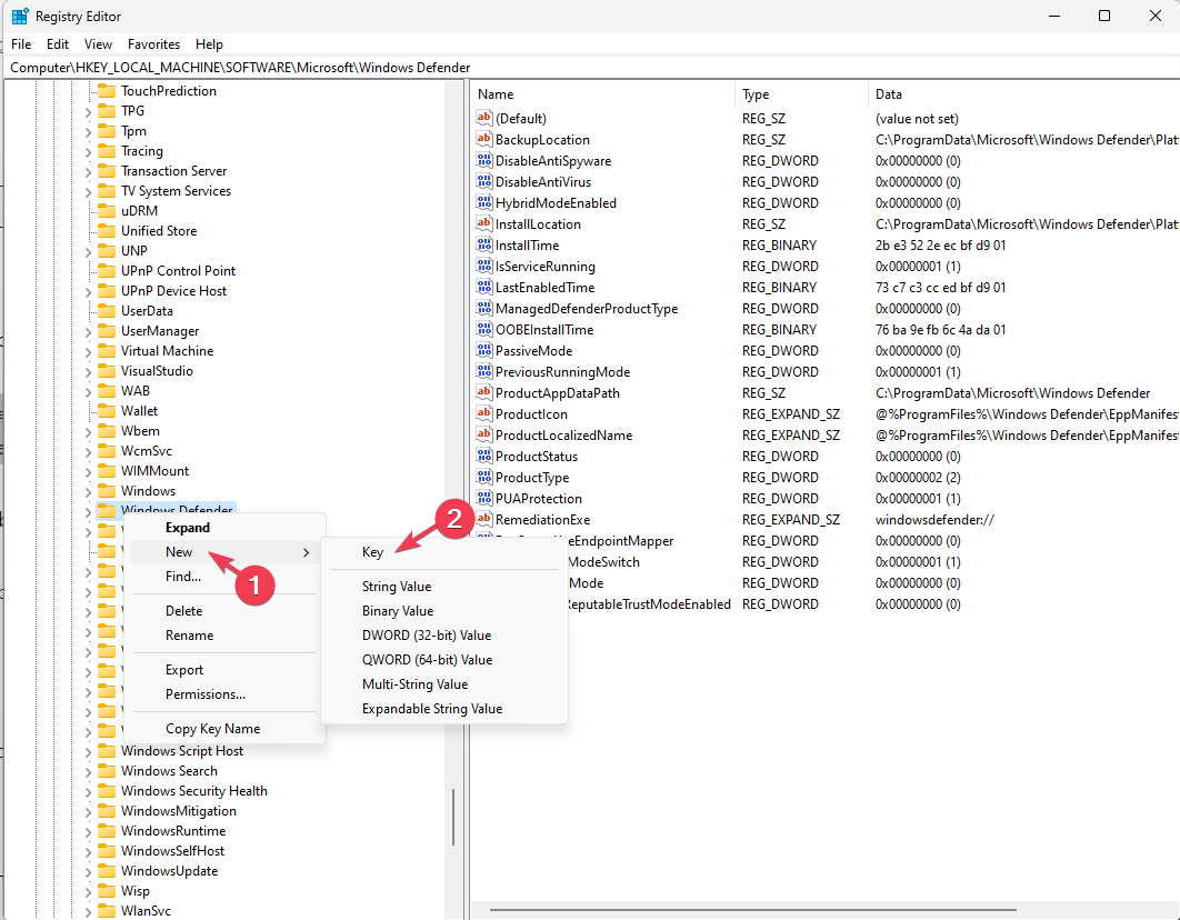 Создание нового ключа реестра Real-Time Protection