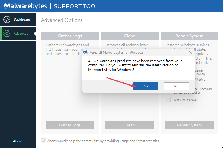 Подтвердите переустановку Malwarebytes для Windows