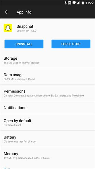 Экран приложения Snapchat в Android (иконка и настройки)