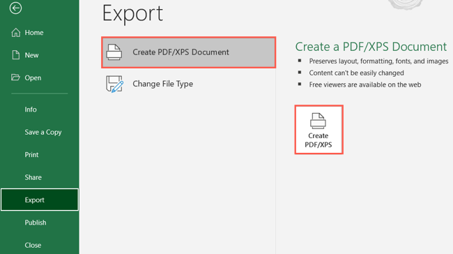 Пункт меню Create PDF/XPS Document в разделе Export Excel