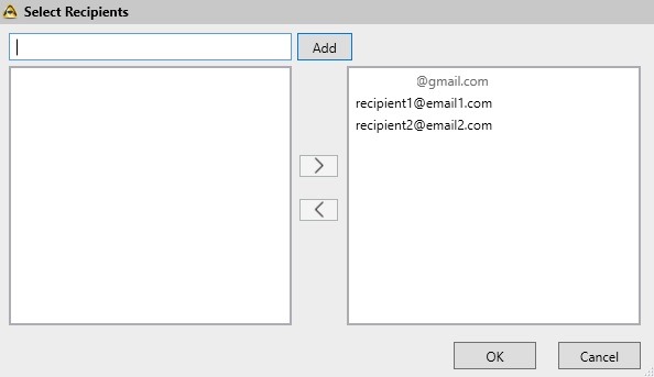 Окно добавления e‑mail получателей для обмена