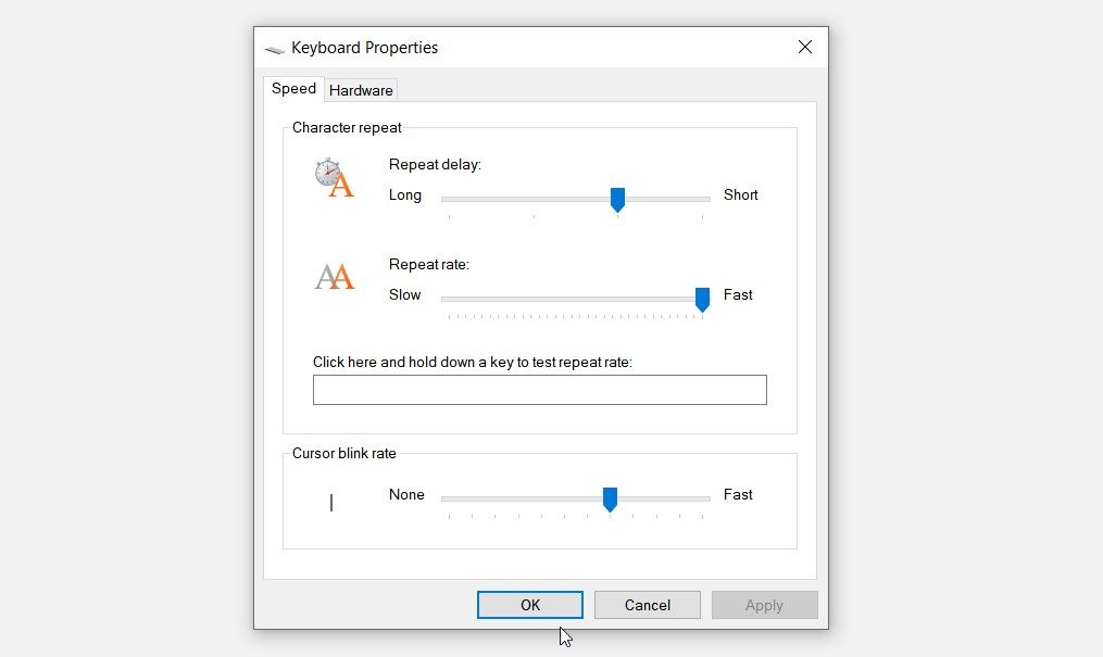 Окно свойств клавиатуры с вкладкой Скорость