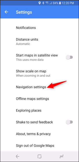 Опция Настройки навигации в Google Maps на Android