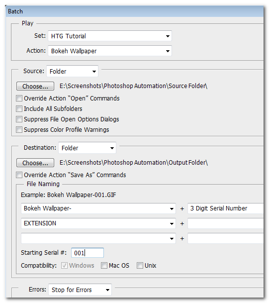 Диалог Batch: выбор источника, назначения и переименования
