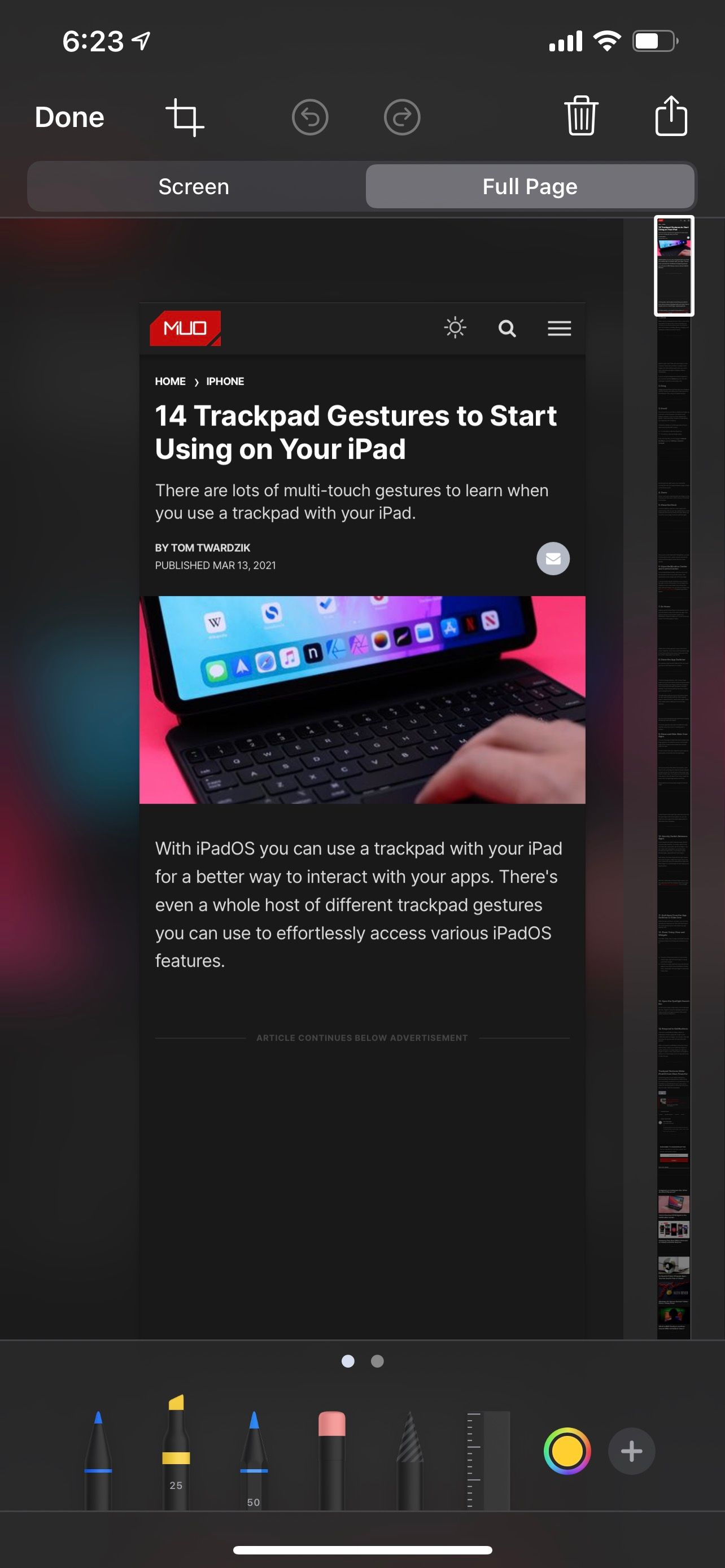 Интерфейс полноразмерного скриншота на iOS.