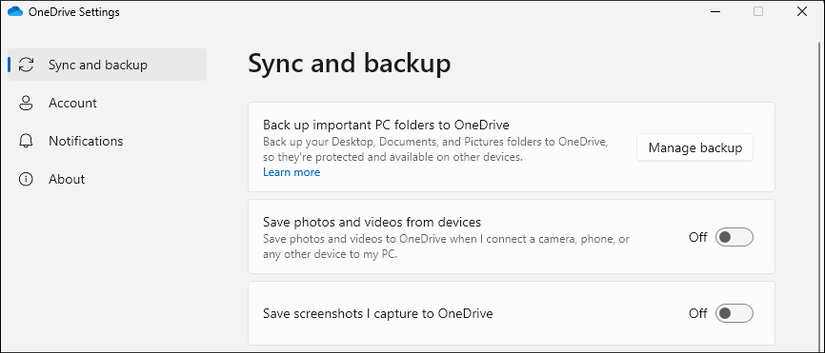 Экран настроек OneDrive с опцией Управление резервным копированием