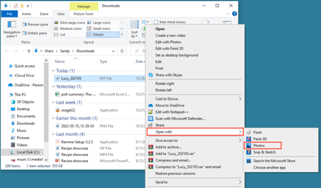 Окно «Открыть с помощью» с приложением Photos
