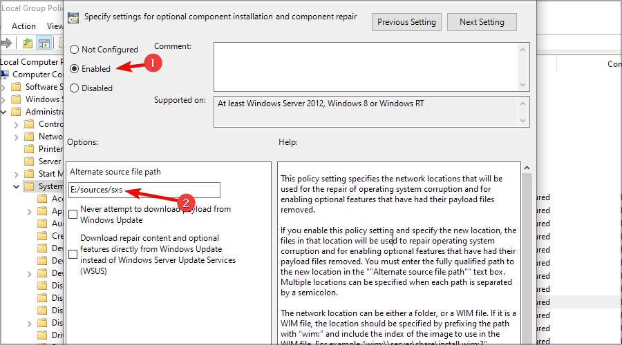 Указание альтернативного источника для установки компонентов из папки sxs