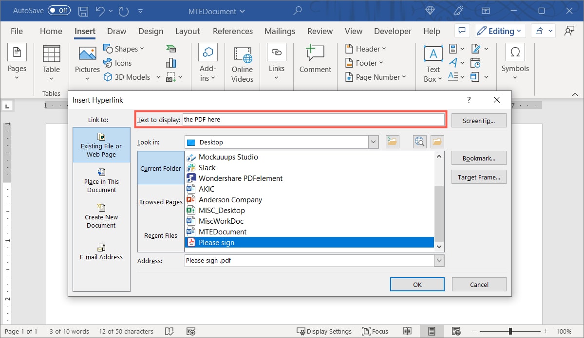 Поле Текст для отображения в диалоге ссылок